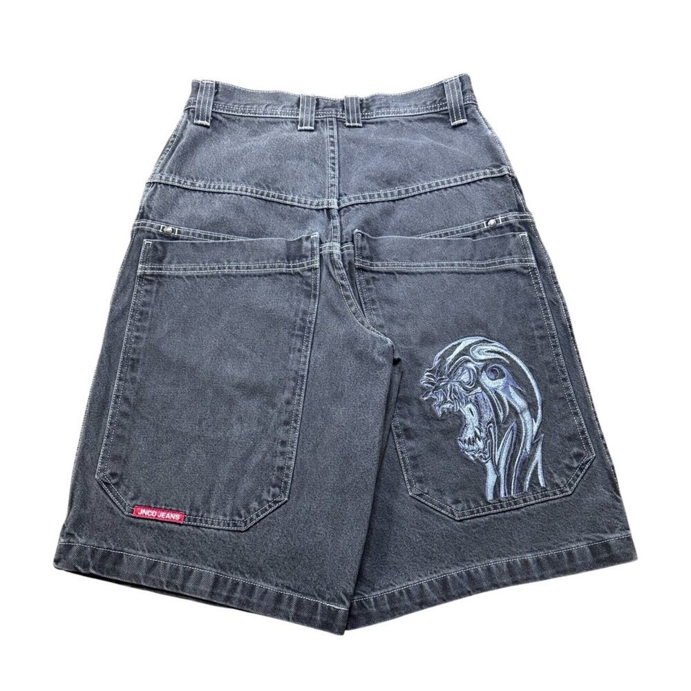 VTG Cyber Y2K Men's JNCO Wide-Leg Scream Skull Skate Black Jean Shorts Jorts 30